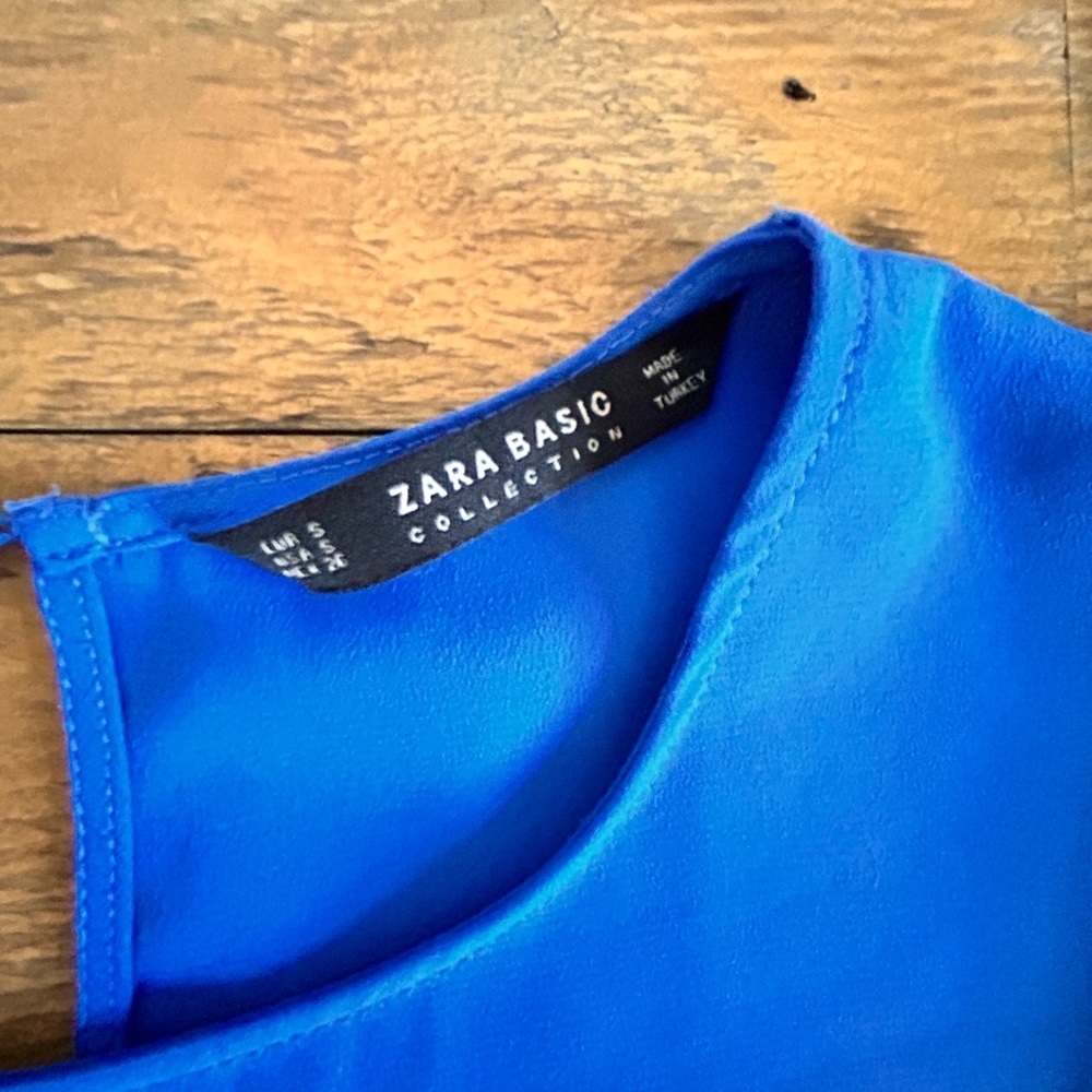 Zara Cobalt Blue Ruffle Bell Sleeve Blouse | Flowy Round Neck Top Lightweight - Picture 8 of 10